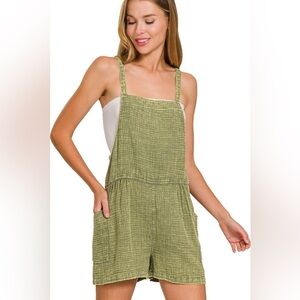 Zenana Washed Double Gauze Tie Back Rompers